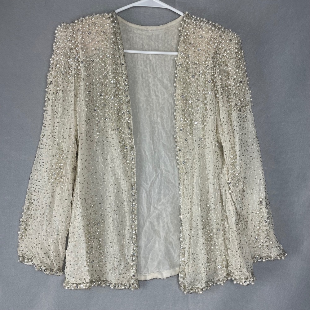 Beaded Pearl Sequin Open Front Jacket Glam Evening Bolero Cream Vintage Couture
